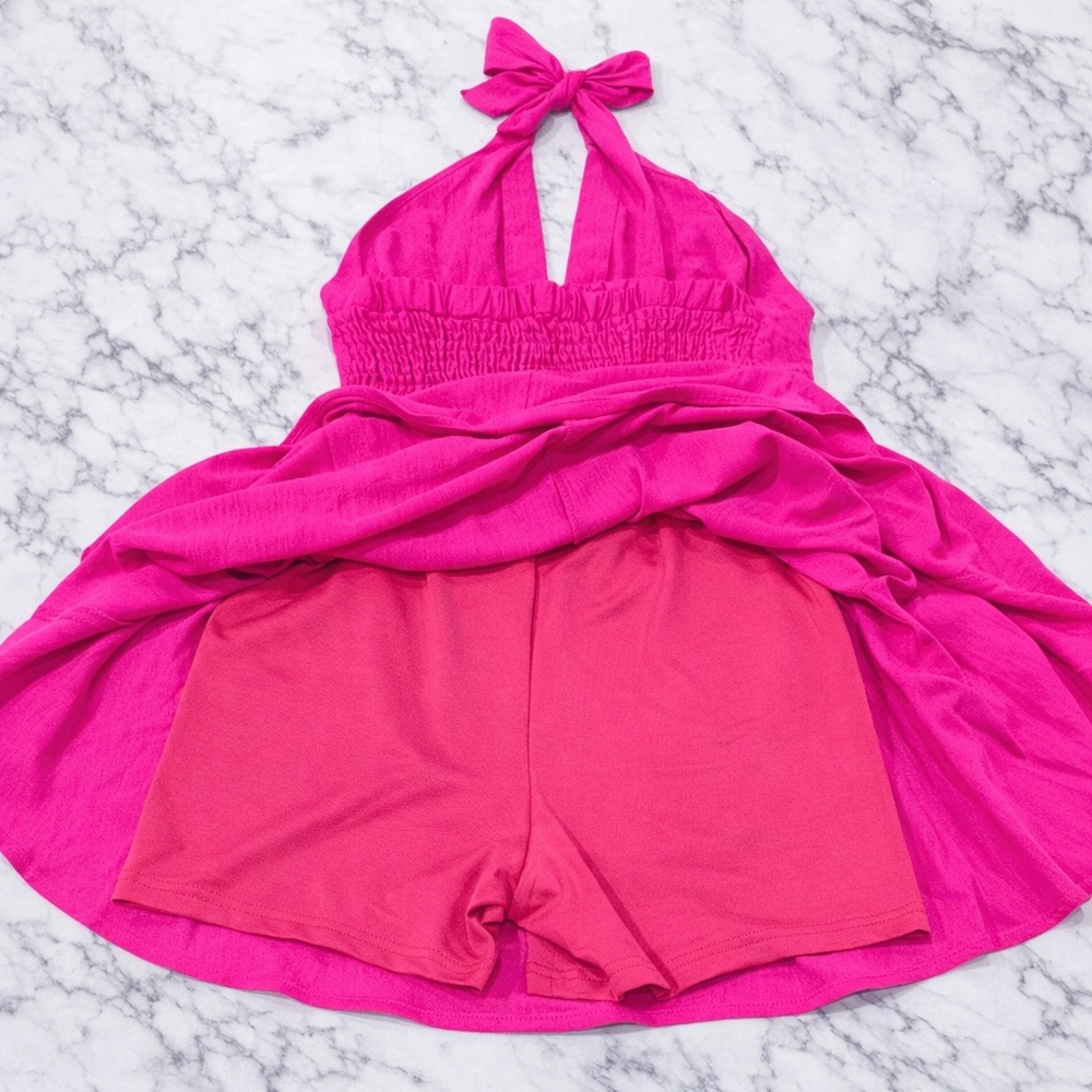 White Birch Hot Pink Halter Romper | Smocked | S M L | Built-In Shorts NWOT - Picture 3 of 3